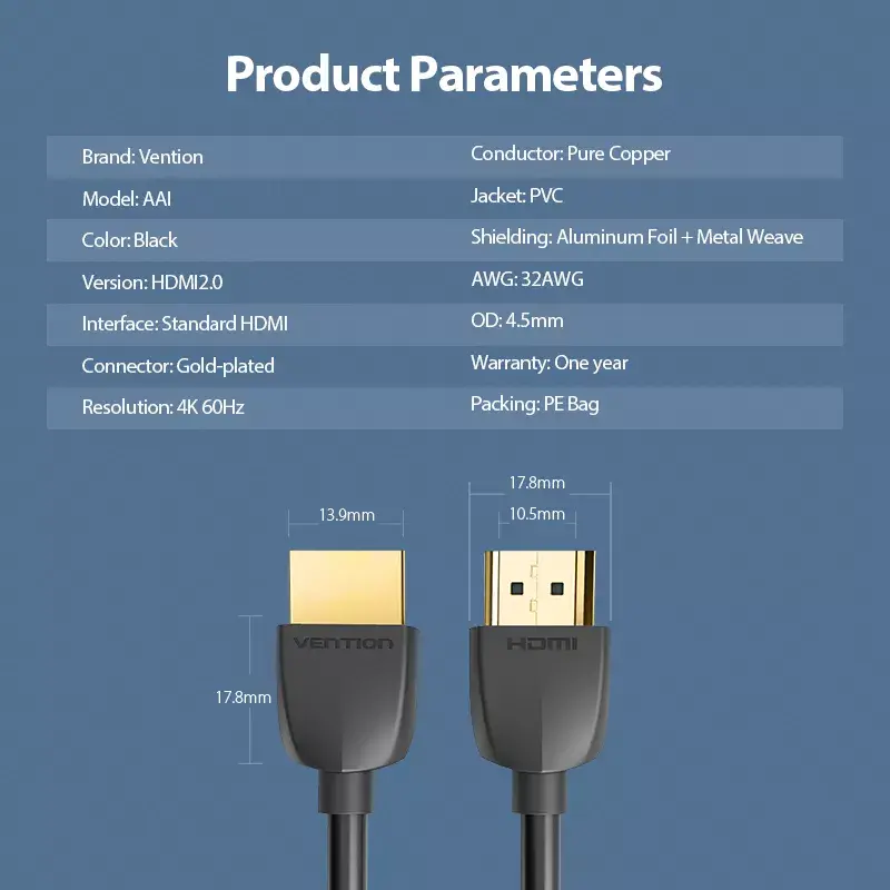 Vention Cable HDMI portátil 3M negro HDMI 2.0 18 Gbit/s