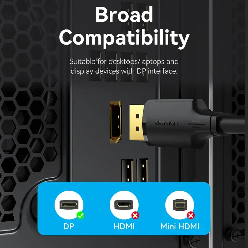 Cable DisplayPort, conector macho-conector macho, Vention, 1,5 m, 4K HD, negro, 6 mm de diámetro