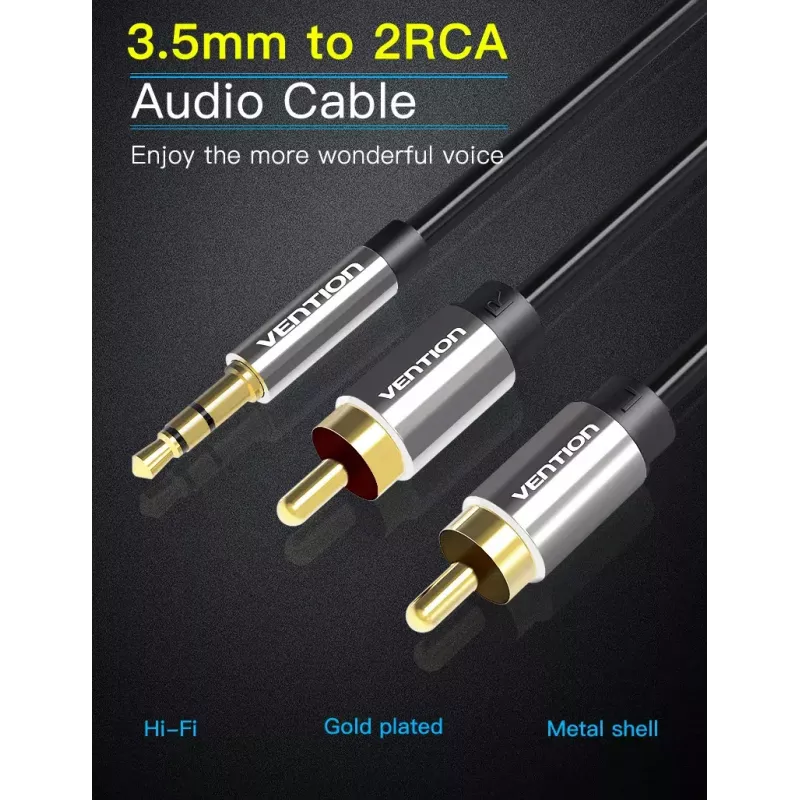 Cable de audio Vention 3,5 mm jack a 2×RCA, 1,5 m, aluminio/negro