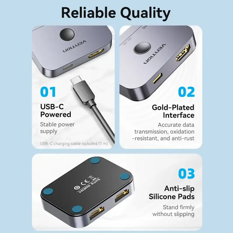 Vention AKPH0 conmutador HDMI bidireccional de 2 puertos, 8K, aleación de aluminio, gris