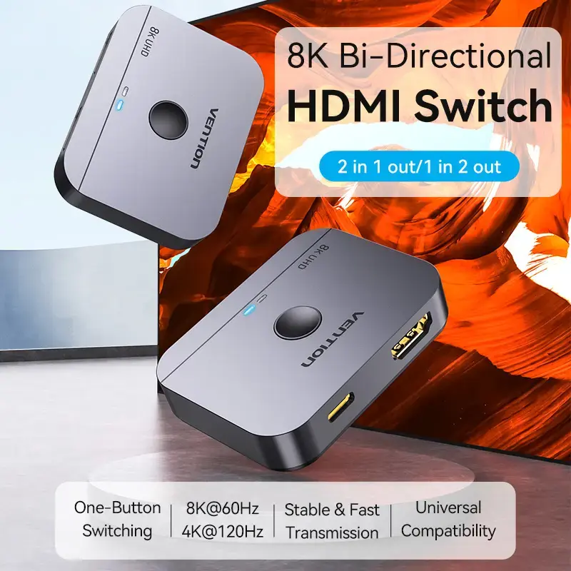 Vention AKPH0 conmutador HDMI bidireccional de 2 puertos, 8K, aleación de aluminio, gris
