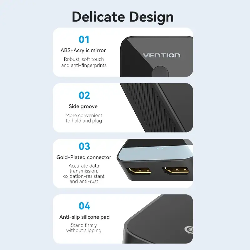 Conmutador HDMI bidireccional 2 puertos 4K Vention AKOB0 — 3 conectores HDMI, 3840×2160@60Hz, ABS, Plug and Play