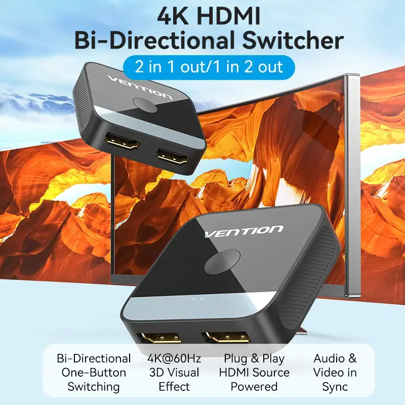 Conmutador HDMI bidireccional 2 puertos 4K Vention AKOB0 — 3 conectores HDMI, 3840×2160@60Hz, ABS, Plug and Play