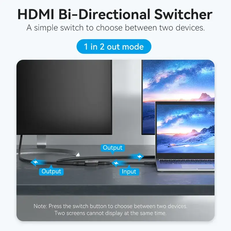Conmutador HDMI bidireccional 2 puertos 4K Vention AKOB0 — 3 conectores HDMI, 3840×2160@60Hz, ABS, Plug and Play