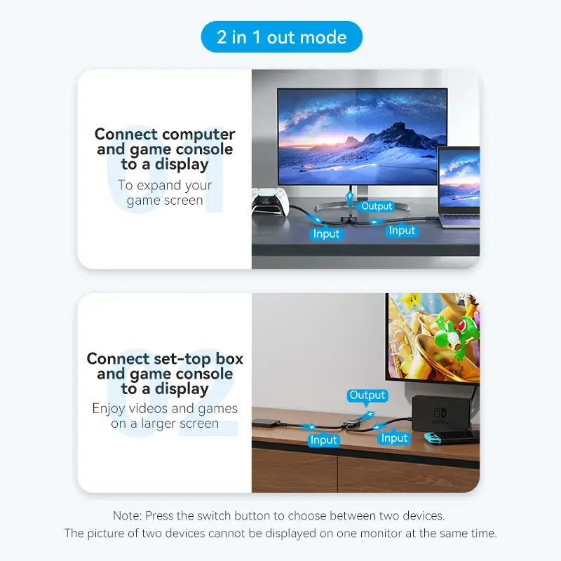 Conmutador HDMI bidireccional 2 puertos 4K Vention AKOB0 — 3 conectores HDMI, 3840×2160@60Hz, ABS, Plug and Play