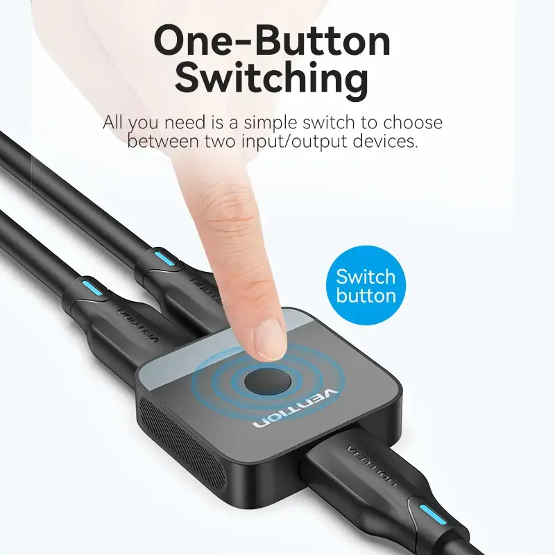 Conmutador HDMI bidireccional 2 puertos 4K Vention AKOB0 — 3 conectores HDMI, 3840×2160@60Hz, ABS, Plug and Play