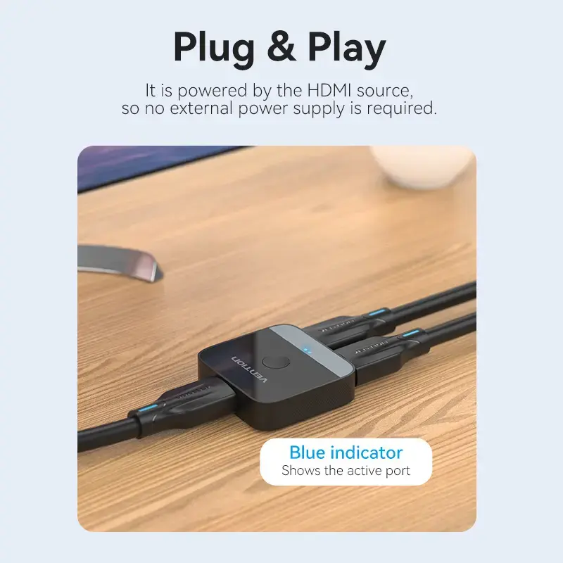 Conmutador HDMI bidireccional 2 puertos 4K Vention AKOB0 — 3 conectores HDMI, 3840×2160@60Hz, ABS, Plug and Play