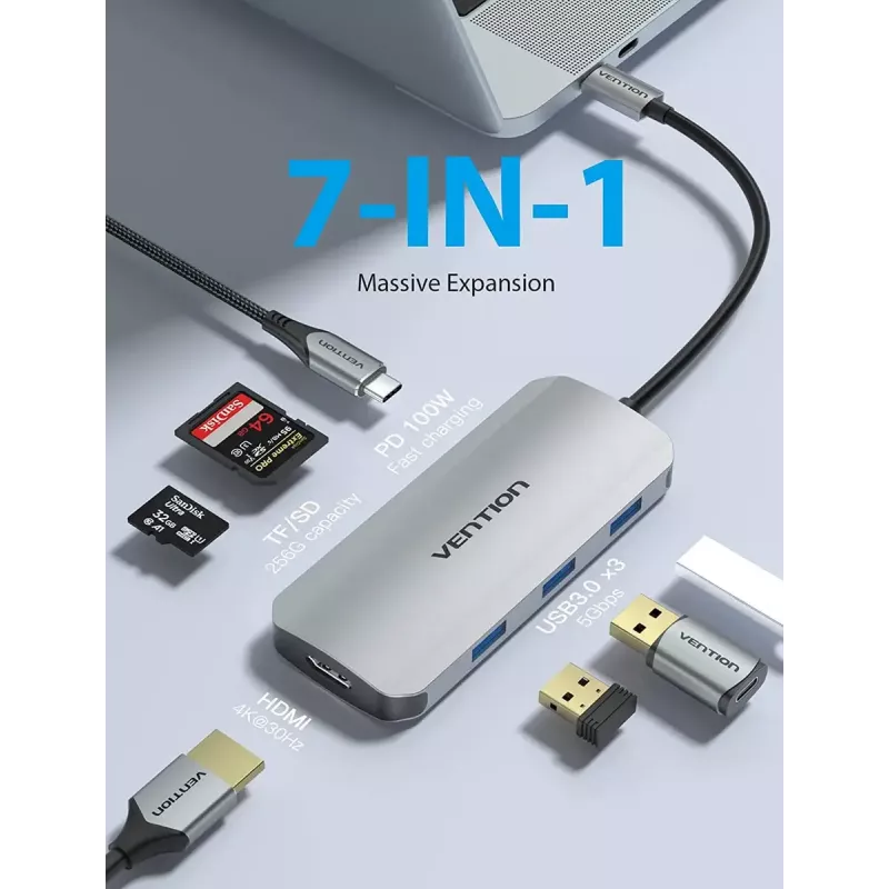 Docking station Vention USB-C a HDMI USB 3.0x3 SD TF PD 100W gris