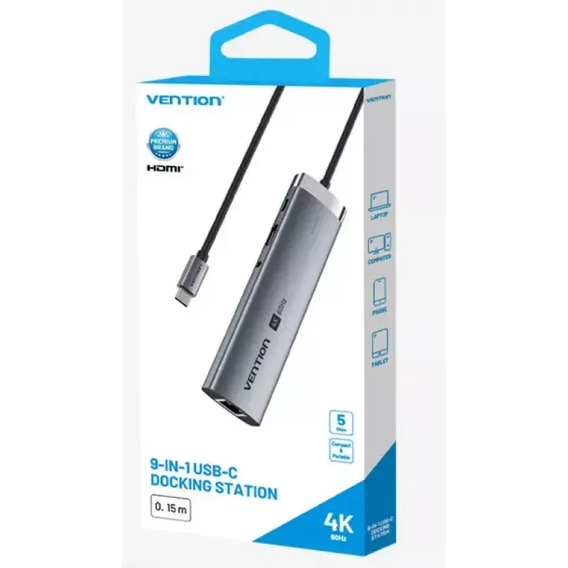 Vention TGVHB base de conexión USB-C 9 en 1, 4K 60Hz, 100W PD, 0,15 m