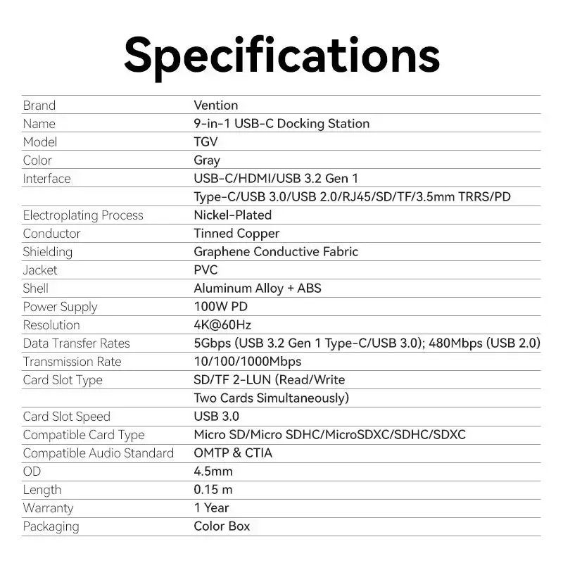 Vention TGVHB base de conexión USB-C 9 en 1, 4K 60Hz, 100W PD, 0,15 m