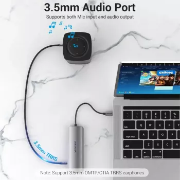 Estación de acoplamiento Vention multifunción USB-C a HDMI USB3.0x3 RJ45 SD TF TRRS 3,5mm PD 0,15M gris aleación de aluminio