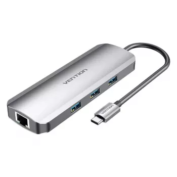 Estación de acoplamiento Vention multifunción USB-C a HDMI USB3.0x3 RJ45 SD TF TRRS 3,5mm PD 0,15M gris aleación de aluminio
