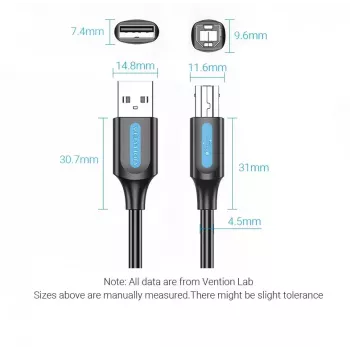 Cable USB 2.0 conector macho A a conector macho B 3 m — Vention — PVC negro, 480 Mbit/s, 2 A