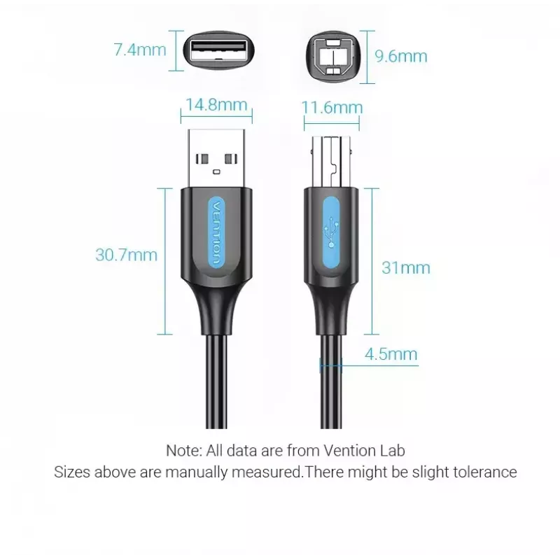 Cable USB 2.0 conector macho A a conector macho B 3 m — Vention — PVC negro, 480 Mbit/s, 2 A