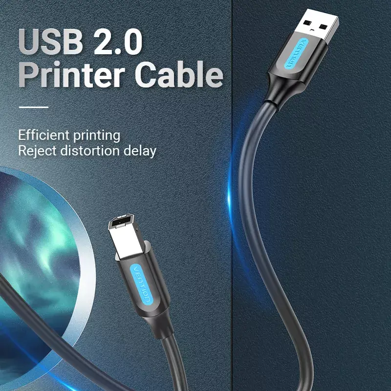 Cable USB 2.0 conector macho A a conector macho B 3 m — Vention — PVC negro, 480 Mbit/s, 2 A