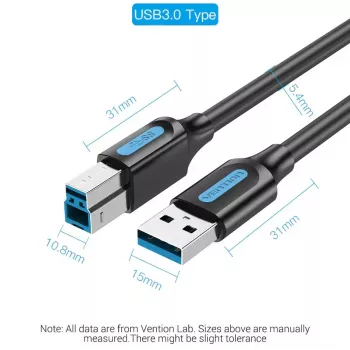 Cable Vention USB 3.0 A a B 3 m — USB 3.2 Gen 1 (5 Gbit/s), negro, conectores niquelados