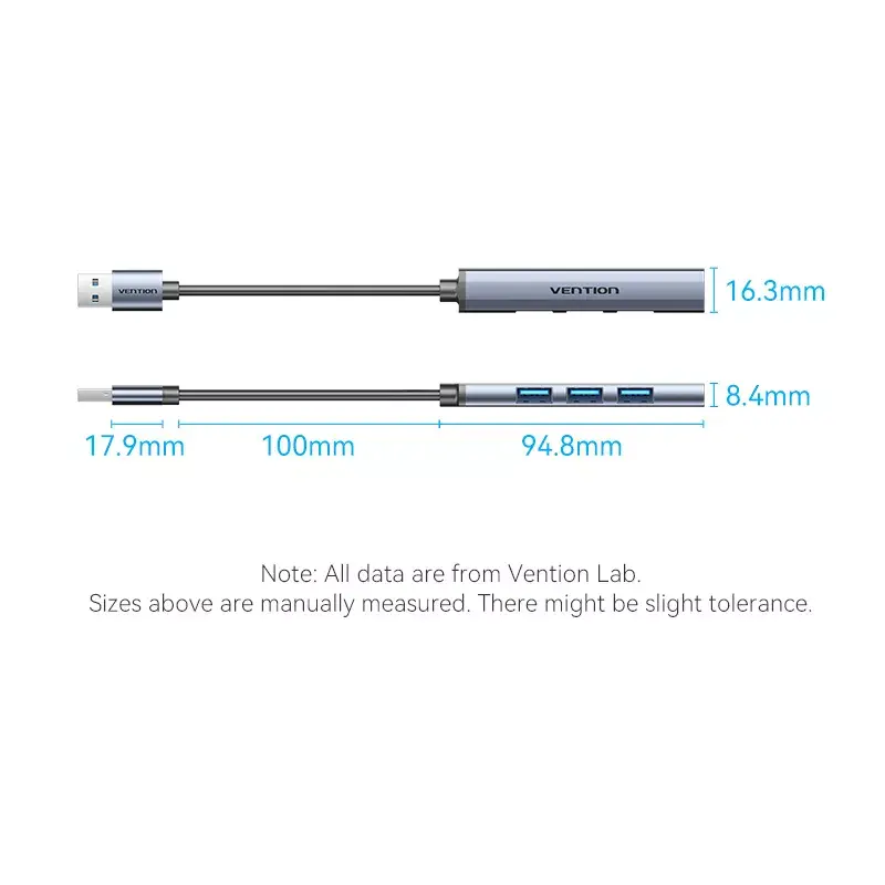 Vention CKOHB mini hub USB 3.0 4 en 1, 1x USB 3.0 + 3x USB 2.0, 5 Gbps, 0,15 m, aluminio, gris