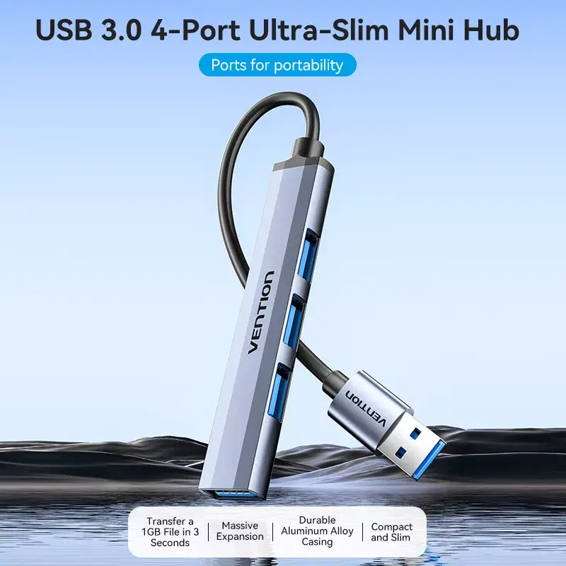 Vention CKOHB mini hub USB 3.0 4 en 1, 1x USB 3.0 + 3x USB 2.0, 5 Gbps, 0,15 m, aluminio, gris
