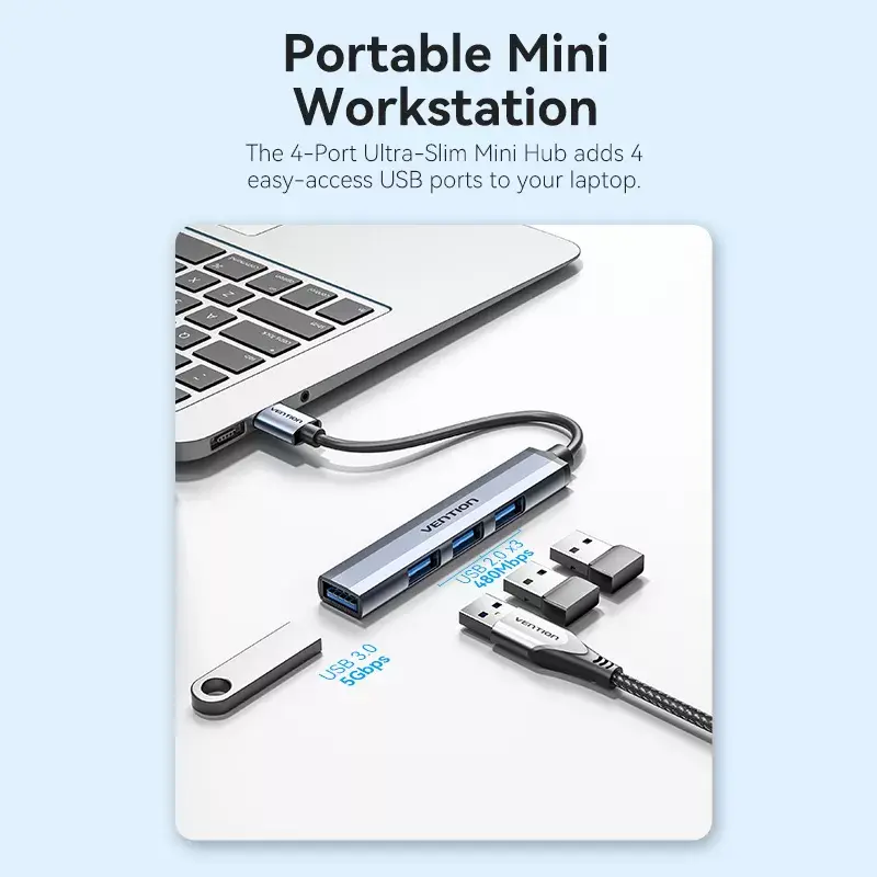 Vention CKOHB mini hub USB 3.0 4 en 1, 1x USB 3.0 + 3x USB 2.0, 5 Gbps, 0,15 m, aluminio, gris