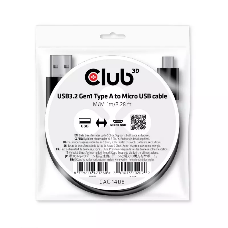 Cable USB 3.2 Gen1 Type-A a Micro-USB M/M 1 m CLUB3D CAC-1408