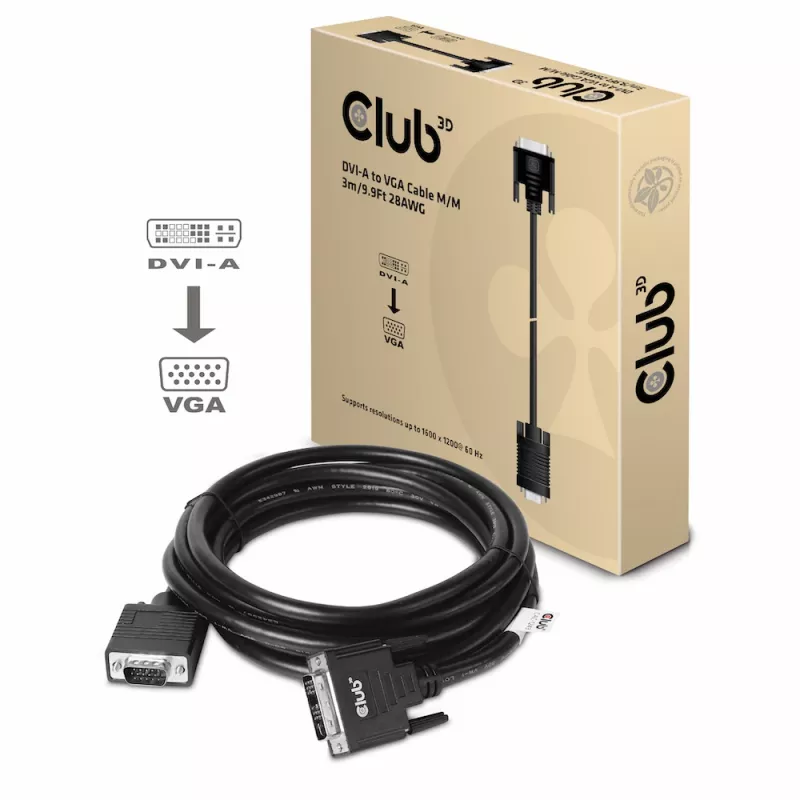 Cable DVI-A a VGA M/M CLUB3D CAC-1243 3m 28 AWG negro