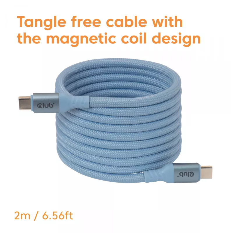 Club 3D CAC-3030 cable USB-C Magnetic-Coil, 240 W PD3.1, bidireccional, carga rápida, 2 m (6,56 ft), azul