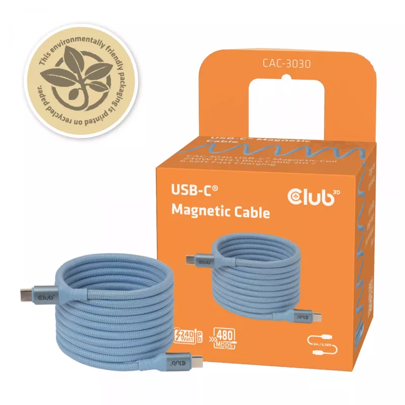 Club 3D CAC-3030 cable USB-C Magnetic-Coil, 240 W PD3.1, bidireccional, carga rápida, 2 m (6,56 ft), azul