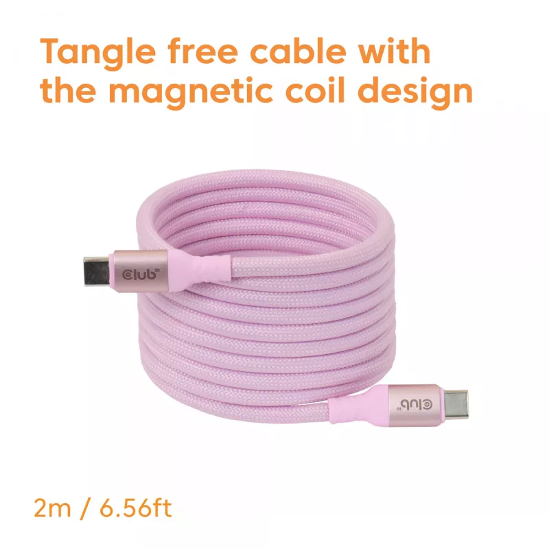 Cable CLUB3D USB-C Magnetic-Coil 240W rosa 2m USB 2.0