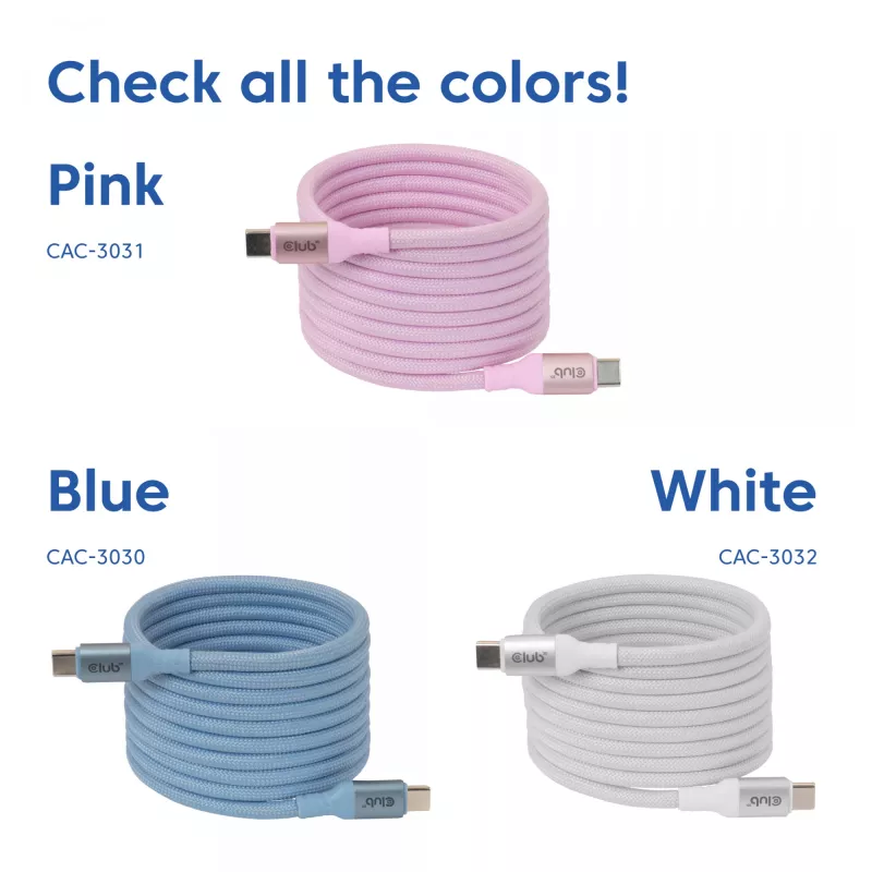 Cable CLUB3D USB-C Magnetic-Coil 240W rosa 2m USB 2.0