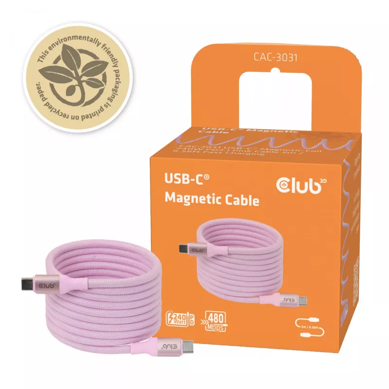 Cable CLUB3D USB-C Magnetic-Coil 240W rosa 2m USB 2.0