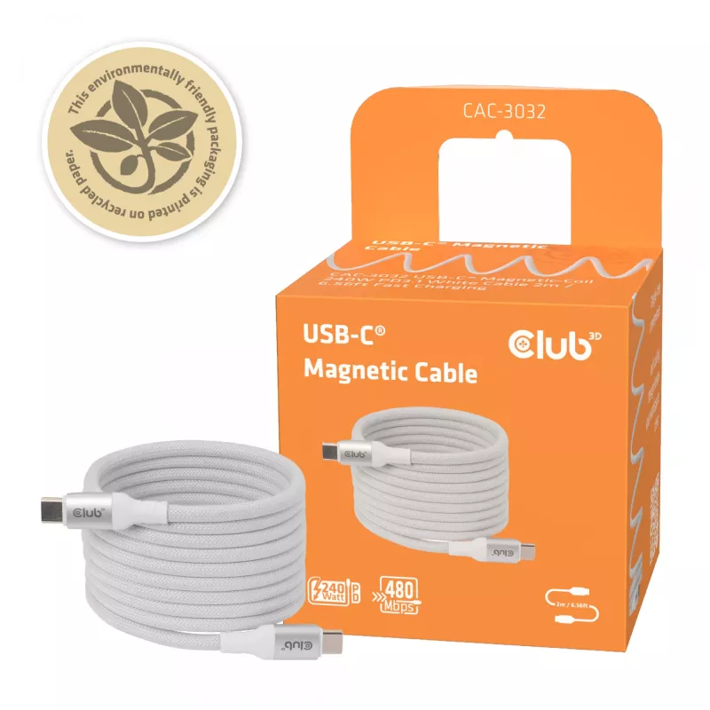 Cable USB-C Magnetic-Coil Club 3D CAC-3032 — blanco, diseño de bobina magnética para carga y transferencia de datos