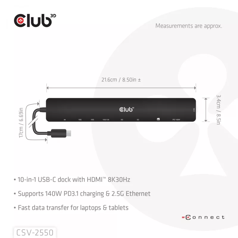 Dock portátil CLUB3D 10-1 USB Type-C® 10Gbps a HDMI™ 8K30Hz PD3.1 máx. 140 vatios