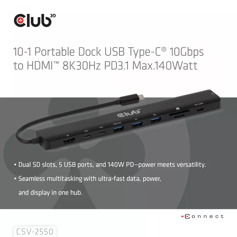 Dock portátil CLUB3D 10-1 USB Type-C® 10Gbps a HDMI™ 8K30Hz PD3.1 máx. 140 vatios