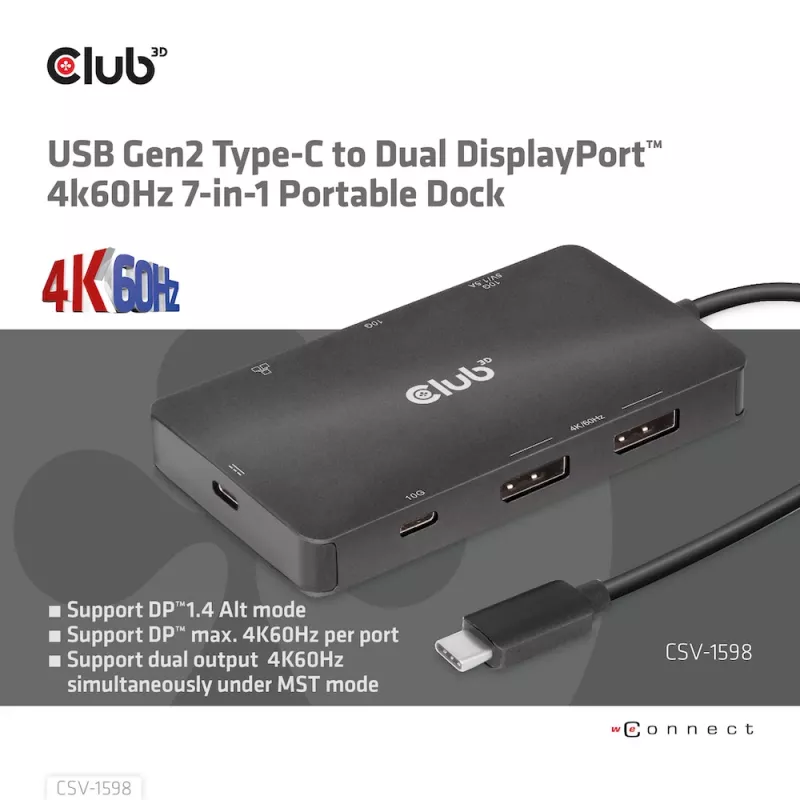 HUB CLUB3D USB Gen2 Type-C a Dual DisplayPort 4k60Hz 7-en-1