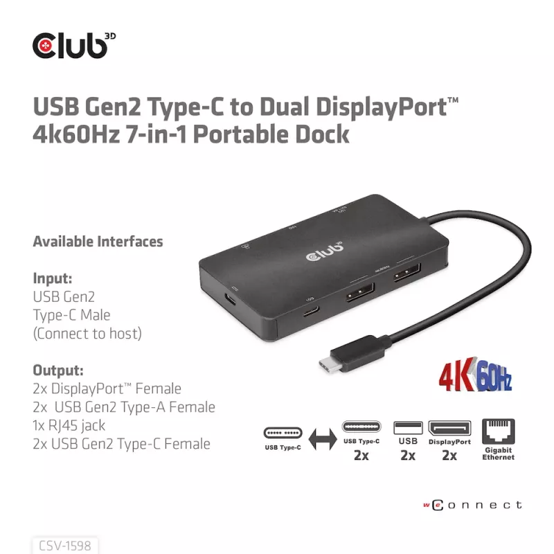 HUB CLUB3D USB Gen2 Type-C a Dual DisplayPort 4k60Hz 7-en-1