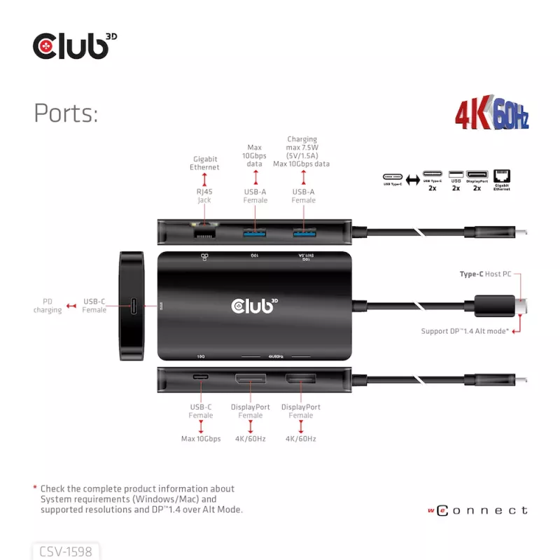 HUB CLUB3D USB Gen2 Type-C a Dual DisplayPort 4k60Hz 7-en-1