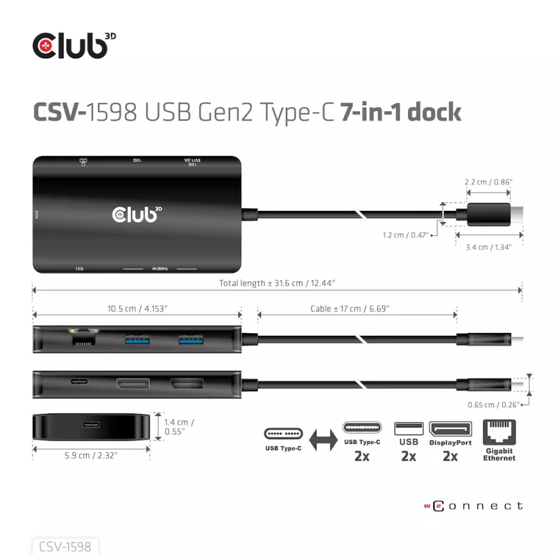 HUB CLUB3D USB Gen2 Type-C a Dual DisplayPort 4k60Hz 7-en-1