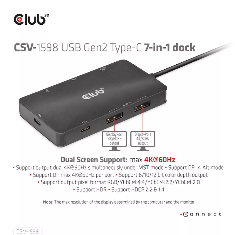 HUB CLUB3D USB Gen2 Type-C a Dual DisplayPort 4k60Hz 7-en-1