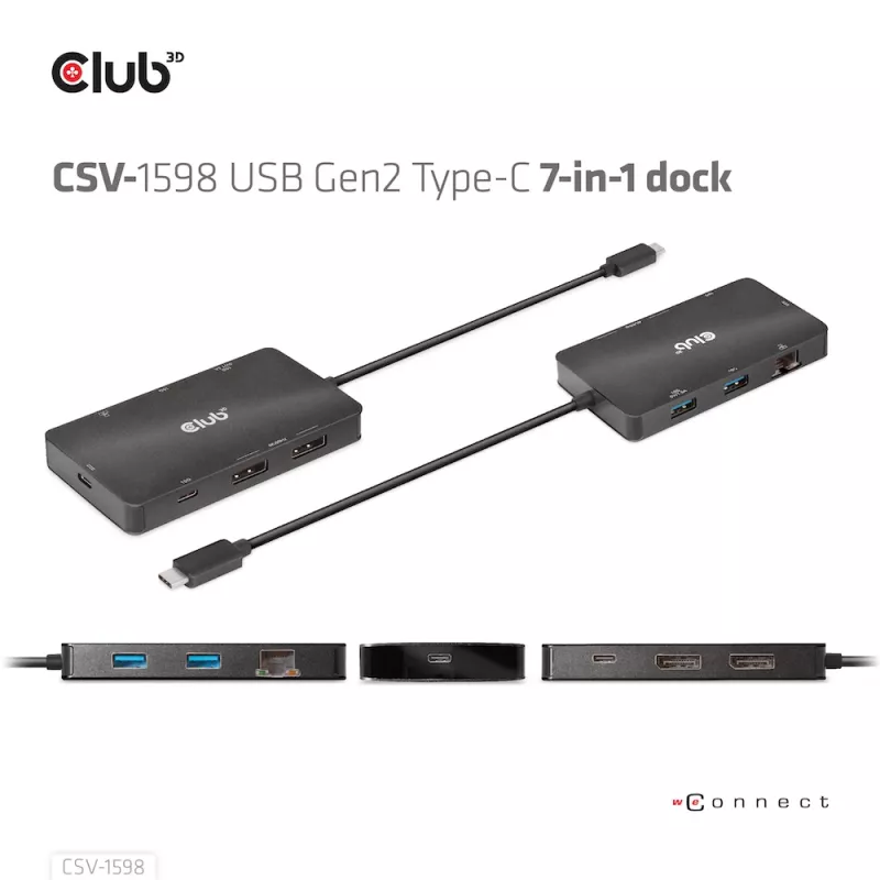 HUB CLUB3D USB Gen2 Type-C a Dual DisplayPort 4k60Hz 7-en-1