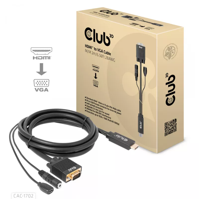 Club 3D CAC-1712 cable de HDMI a VGA M/M con alimentación Micro-USB y audio de 3,5 mm, 2 m (6,56 ft), 28AWG