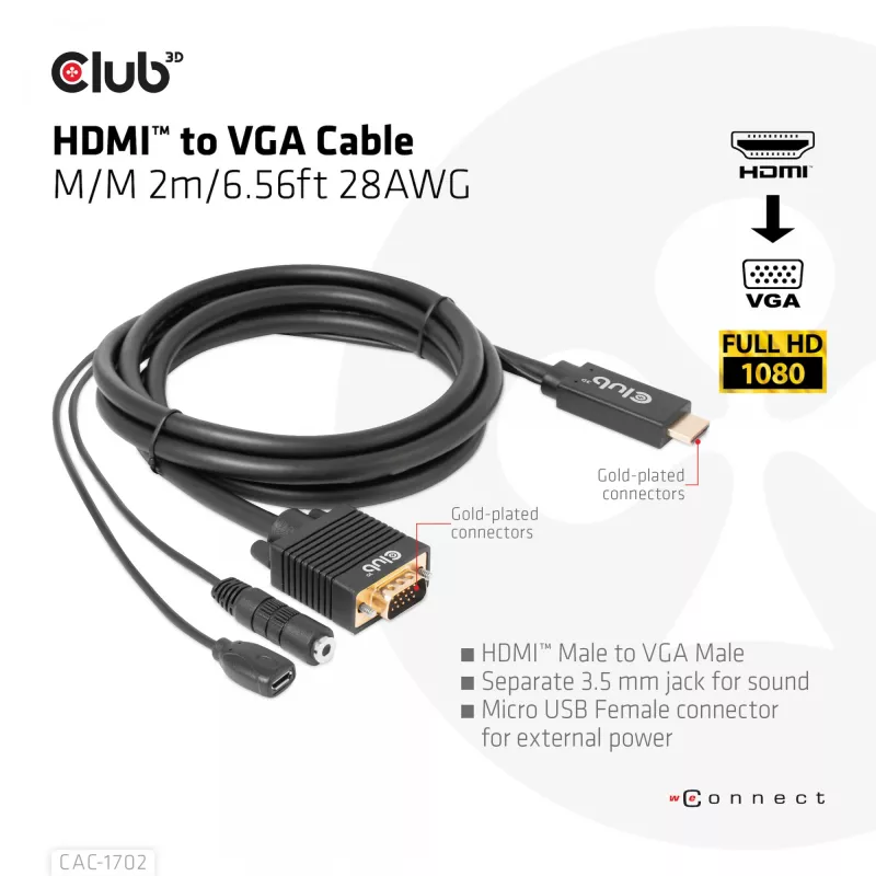 Club 3D CAC-1712 cable de HDMI a VGA M/M con alimentación Micro-USB y audio de 3,5 mm, 2 m (6,56 ft), 28AWG