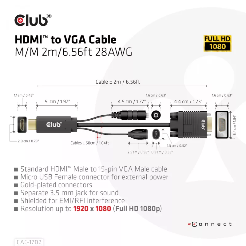 Club 3D CAC-1712 cable de HDMI a VGA M/M con alimentación Micro-USB y audio de 3,5 mm, 2 m (6,56 ft), 28AWG