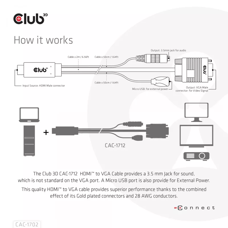 Club 3D CAC-1712 cable de HDMI a VGA M/M con alimentación Micro-USB y audio de 3,5 mm, 2 m (6,56 ft), 28AWG
