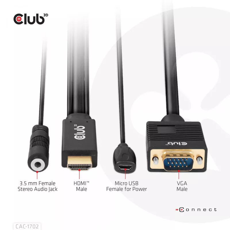 Club 3D CAC-1712 cable de HDMI a VGA M/M con alimentación Micro-USB y audio de 3,5 mm, 2 m (6,56 ft), 28AWG