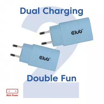 Cargador USB-C CLUB3D pack de 2 30 vatios blanco, interior, AC, azul