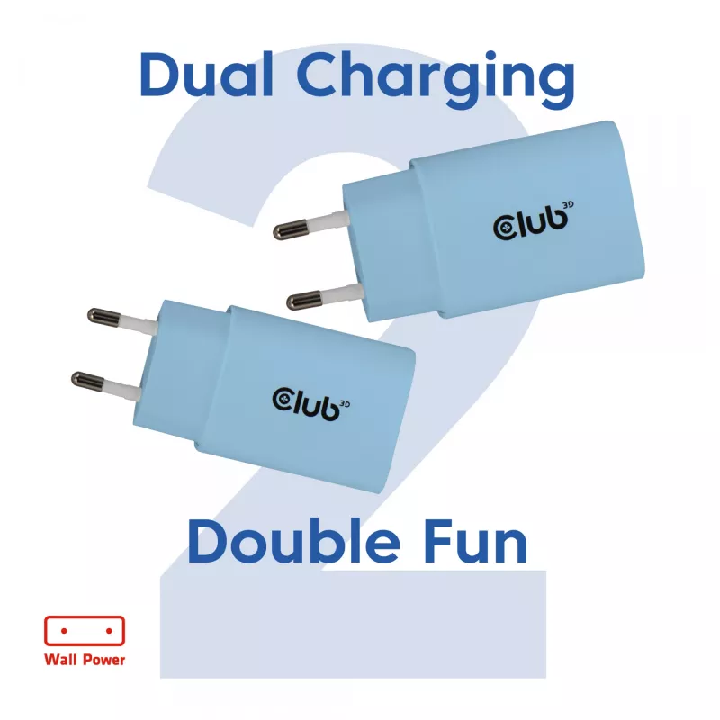Cargador USB-C CLUB3D pack de 2 30 vatios blanco, interior, AC, azul