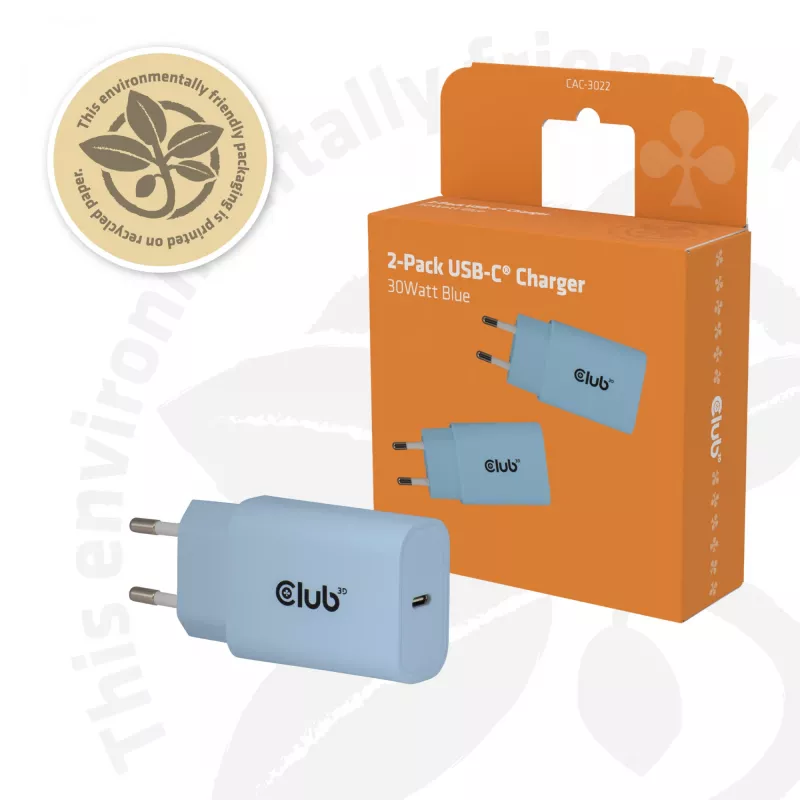 Cargador USB-C CLUB3D pack de 2 30 vatios blanco, interior, AC, azul