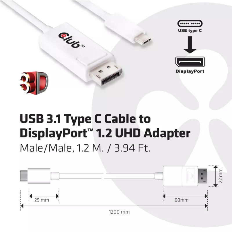 Adaptador CLUB3D cable USB 3.1 tipo C a DisplayPort 1.2 UHD