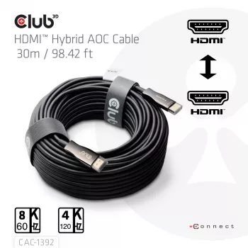 Cable AOC híbrido CLUB3D HDMI™ 8K60Hz/4K120Hz 30m / 98,42 ft, 30 m, HDMI tipo A (estándar), HDMI tipo A (estándar), 48 Gbit/s, negro