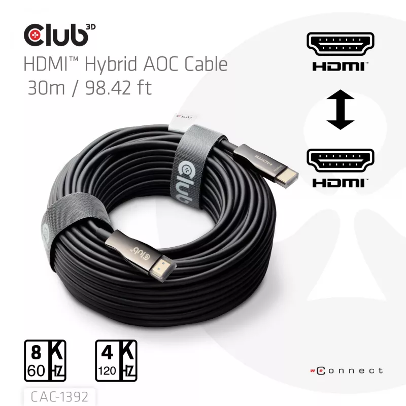 Cable AOC híbrido CLUB3D HDMI™ 8K60Hz/4K120Hz 30m / 98,42 ft, 30 m, HDMI tipo A (estándar), HDMI tipo A (estándar), 48 Gbit/s, negro